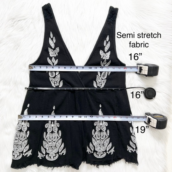 SOLD-Free People Embroidered Black White Crinkle Fringe Hem Shorts Romper - Picture 14 of 15